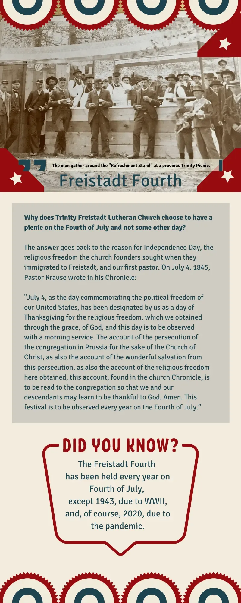 Freistadt 4th of July poster listing the day's schedule: patriotic outdoor church service, picnic entertainment, parade at 1:00, and living-history activities