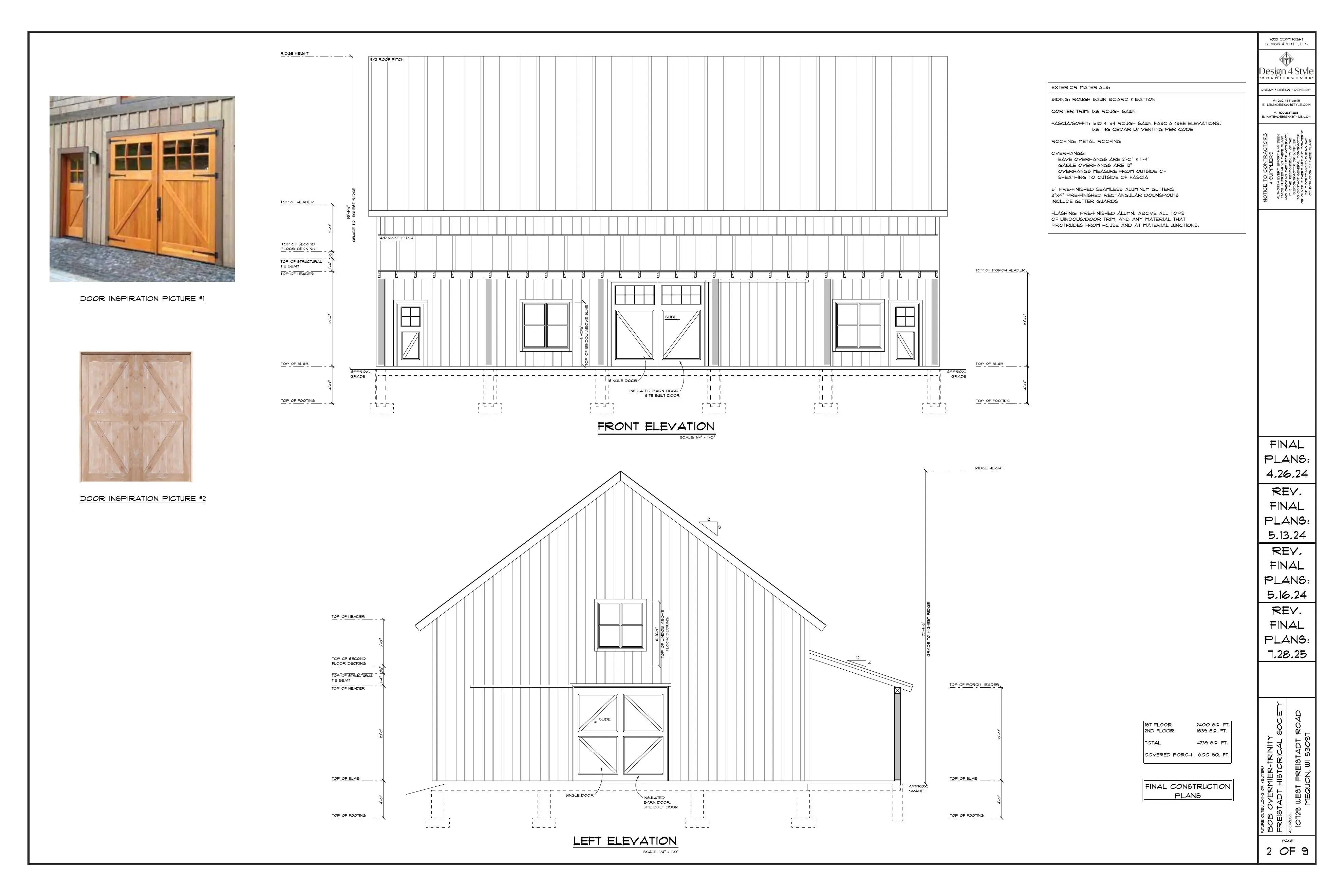 Architectural drawing sheet: front and left elevations of the two-story timber-frame Exhibition Barn, showing sliding barn doors, divided-light windows, and a covered shed porch