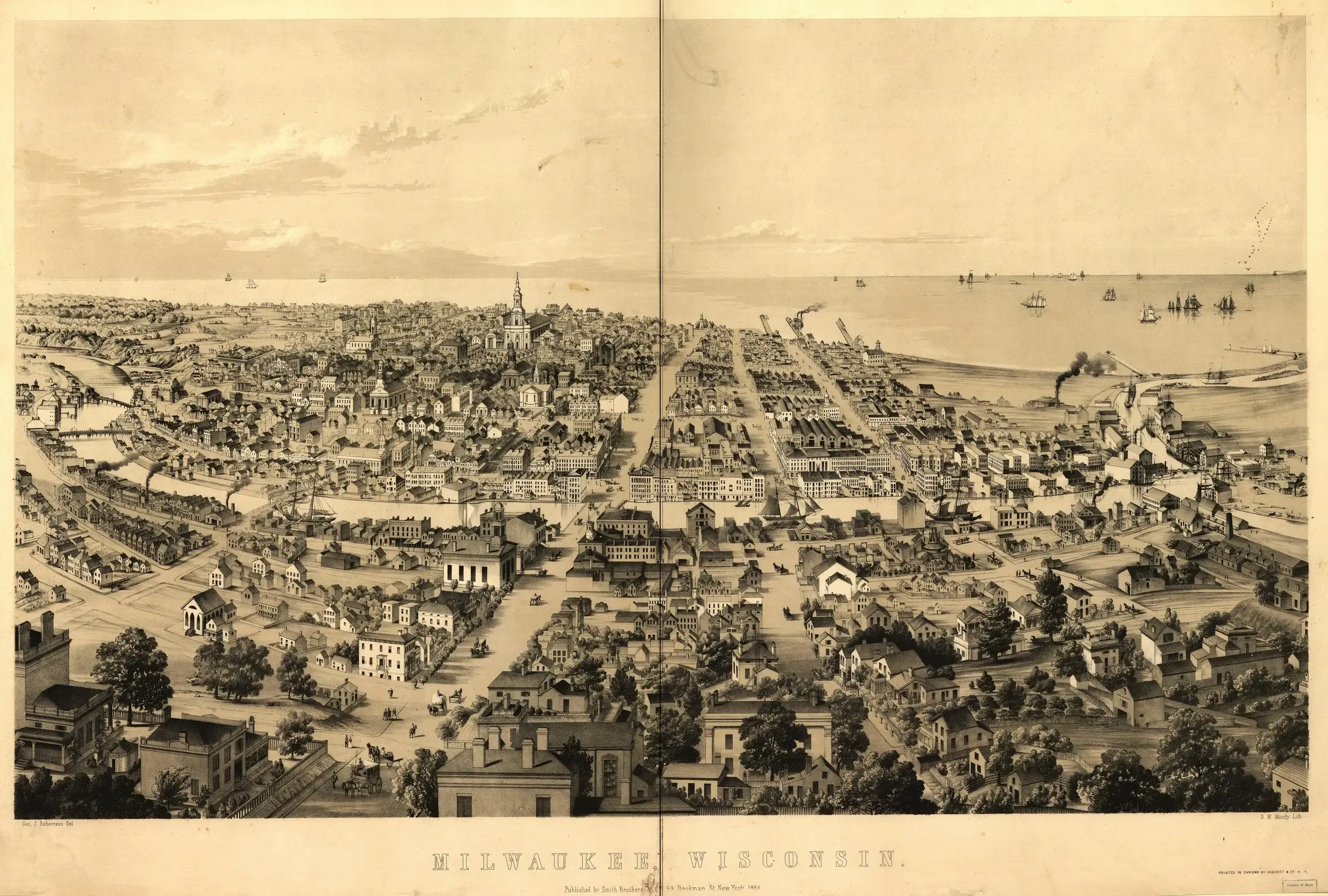 Bird's-eye lithograph of Milwaukee in 1858, showing a grid of streets and church steeples along the Lake Michigan shore with sailing ships offshore