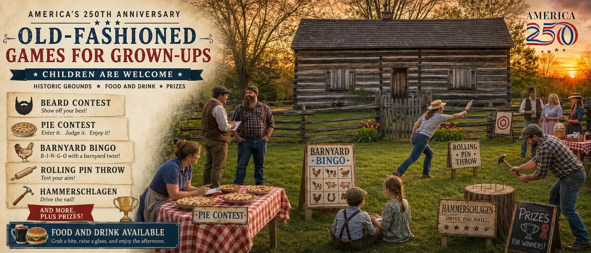 AI-rendered poster for the 250th anniversary Old-Fashioned Games for Grown-Ups: the beard contest, pie contest, Barnyard Bingo, rolling pin throw, and Hammerschlagen listed beside a sunset scene of neighbors playing games on the grounds by the log cabin