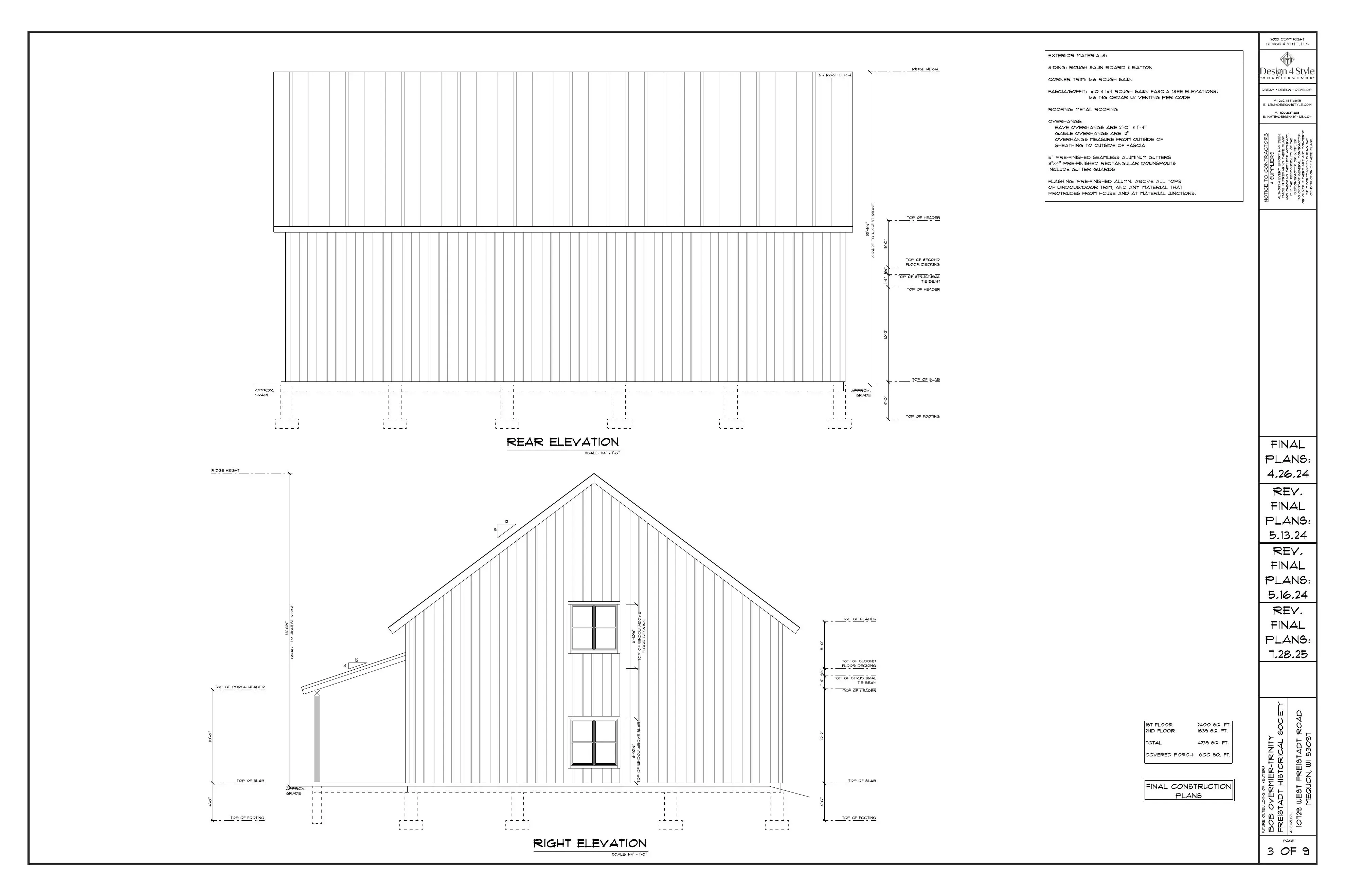 Architectural drawing sheet: rear and right elevations of the Exhibition Barn, showing the gable end with stacked windows and the porch roofline